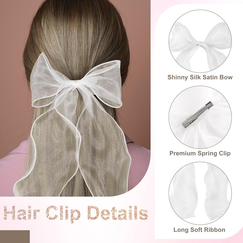 STSTR 2Pcs Large Hair Bow Clips, White Silk Yarn Ribbon Bow Hair Barrette for Women, Elegant Long Tail Bowknot French Hairstylist Accessories for Wedding, Parties, Festivals - Style 3 - Image 4
